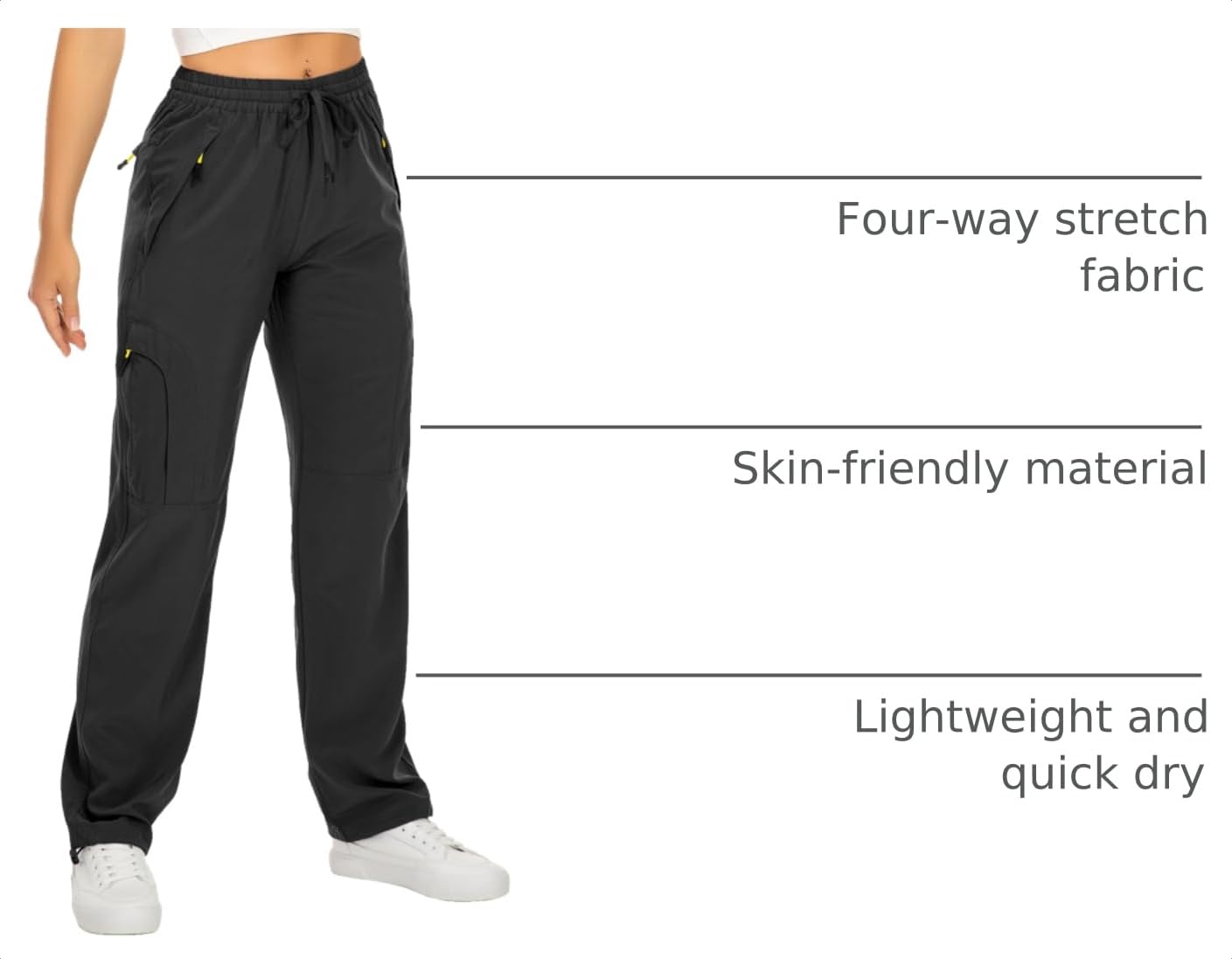 Womens Hiking Pants Quick Dry UPF 50 Lightweight Travel Golf Cargo Safari Pants Zipper Pockets,6608,Black,S