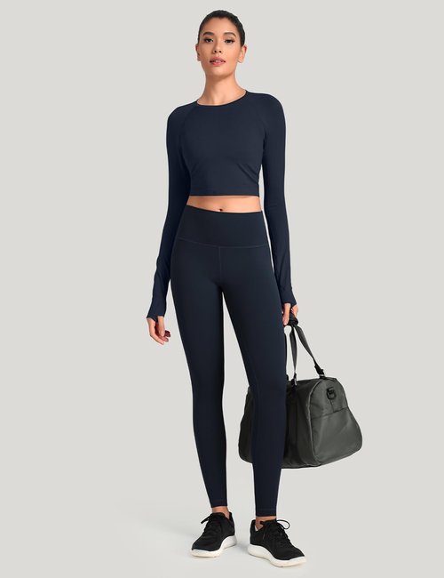 HeyNuts Workout Pro Extra Long Leggings for Tall Women, High Waisted Athletic Tummy Control Leggings Soft Yoga Pants 31'' True Navy M(8/10)