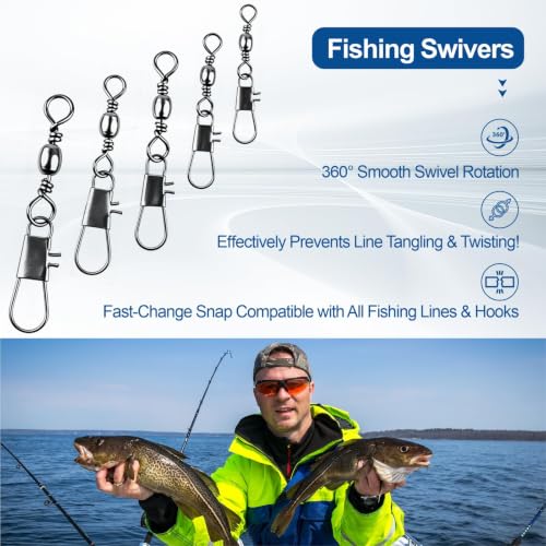 200PCS Ball Bearing Fishing Swivels with Safety Snaps, 5-Size Assortment