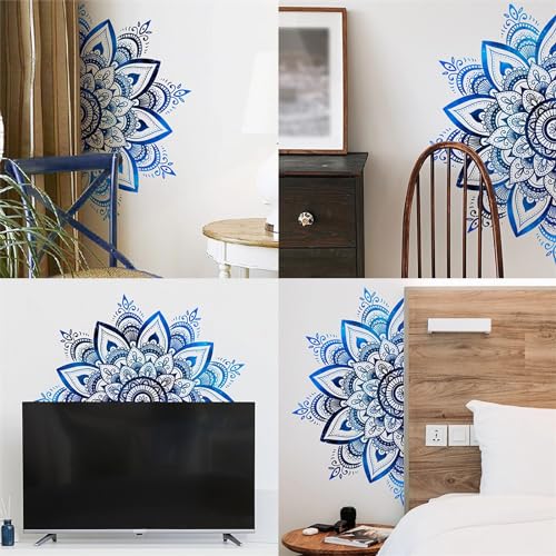 Sacred Blue Half Mandala Wall Stickers, sacinora Lotus Mandala Indian Namaste Flower Wall Decals Datura Stramonium Removable Vinyl Peel and Stick for Living Room Bedroom Sofa TV Background Art Decor