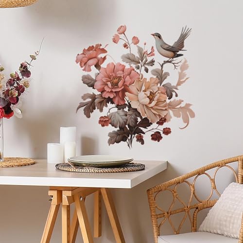 Peony Magpie Flower Wall Stickers, sacinora Chinese Style Floral Art Wall Decals Removable Vinyl Peel and Stick for Living Room Bedroom Nursery Decorations