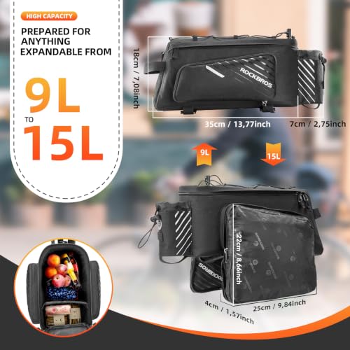 15L Bike Rear Rack Bag with Rain Cover & Shoulder Strap - Black