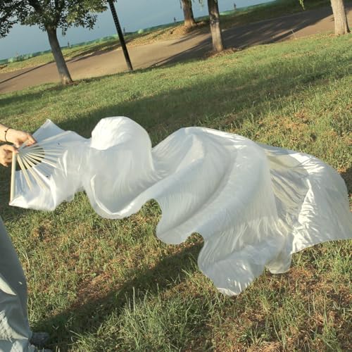 Faux Silk Belly Dance Fan Veil - Handmade Bamboo - White