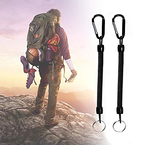 Retractable Coil Cord Keychain with Carabiner - Pack of 2 Black