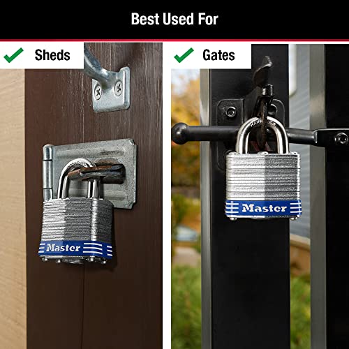 Master Lock 3008D Outdoor Padlock with Key, 4 Pack Keyed-Alike Silver 1-1/2 Inch