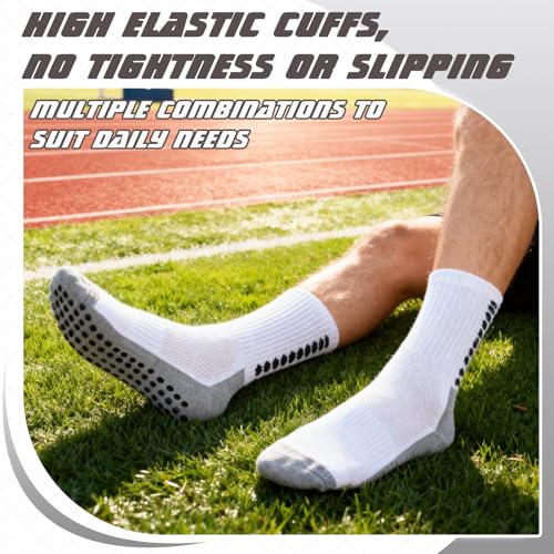 Grip Soccer Socks - Anti-Slip Athletic Socks for Men & Women - White, 6 Pairs