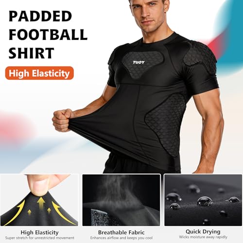 DGQY Men's Padded Compression Shirt with Chest, Rib, Shoulder, Back & Sternum Pads – Large
