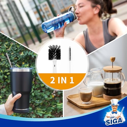MR.SIGA White 2-in-1 Water Bottle Brush & Straw Cleaner, Long 14.2in Handle