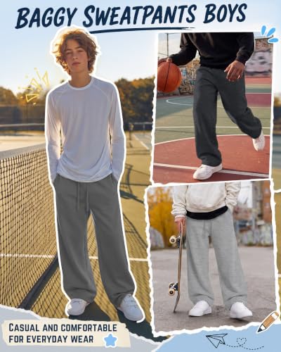 YooAurvox Boys Wide Leg Sweatpants 14-16 Years Black & Gray - Casual Athletic Pants for Active Kids