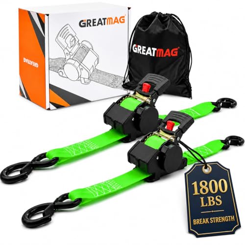 Retractable Ratchet Tie-Down Straps 1" x 10ft, 1800 lbs, Heavy Duty