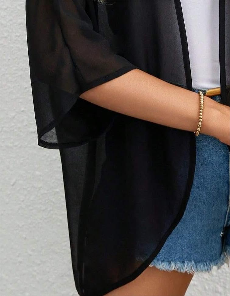 Women's Chiffon Kimono Cardigan Sheer Beach Cover Up - Black, Small