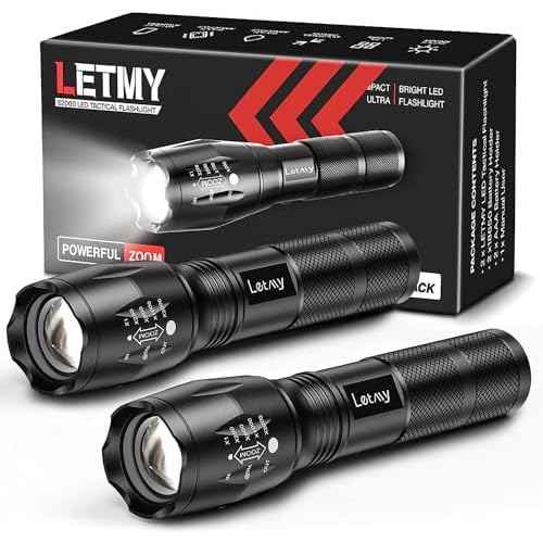 LETMY Tactical Flashlight S2000-2 Pack Bright Military Grade LED Flashlights High Lumens - Portable Handheld Flash Light, 5 Modes Zoomable Waterproof Flashlights for Home Emergency Camping Outdoor
