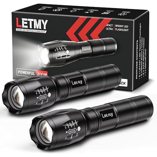 LETMY Tactical Flashlight S2000-2 Pack Bright Military Grade LED Flashlights High Lumens - Portable Handheld Flash Light, 5 Modes Zoomable Waterproof Flashlights for Home Emergency Camping Outdoor