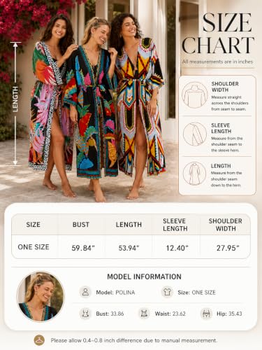 Women’s Colorful Kimono Cover Up Long Beach Dress One Size Black-Beige-Yellow