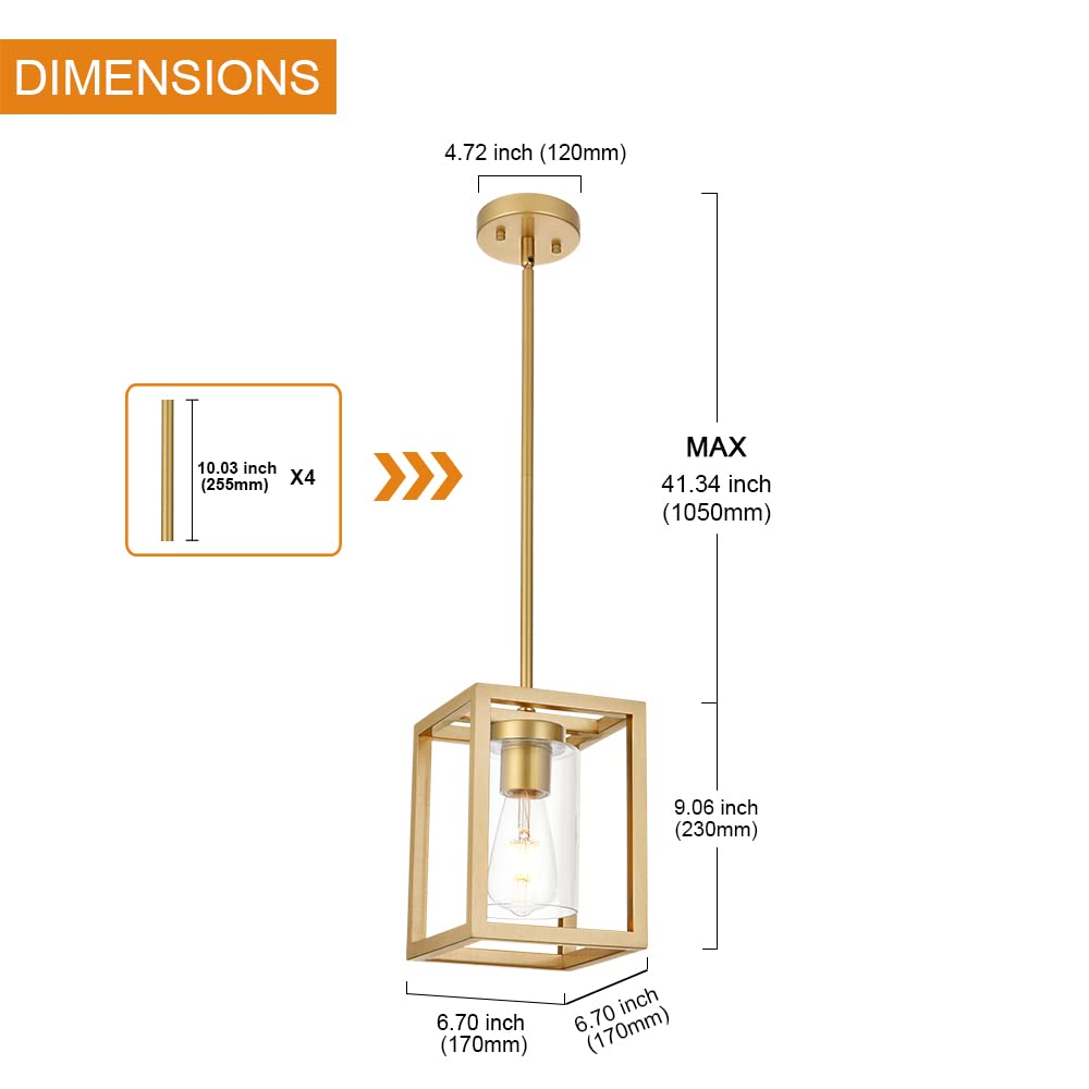 VINLUZ 1-Light Rustic Chandelier in Gold Finish Modern Industrial Pendant Lighting Fixture with Clear Glass Shade Hanging Ceiling Light for Dining Room