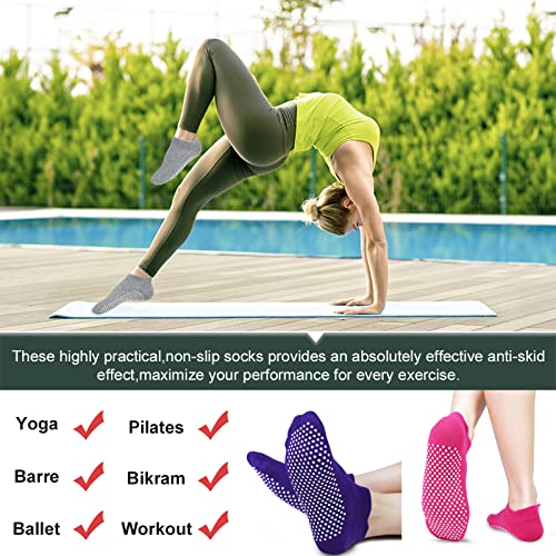 Non-Slip Pilates Yoga Socks for Women - 4 Pairs Grip Slipper Socks