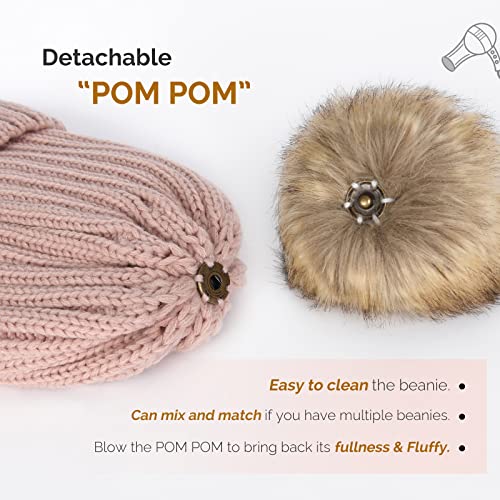 FURTALK Women's Pink Winter Knitted Beanie Hat with Faux Fur Pom - Warm Skull Cap