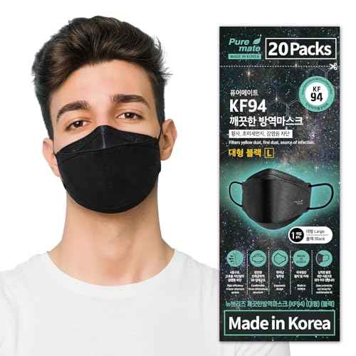 PUREMATE [20 Packs Made in Korea KF94 Face Mask White Black Individual Wrapped Filter Efficiency ¡Ã 94% (Large (Pack of 20), Black)