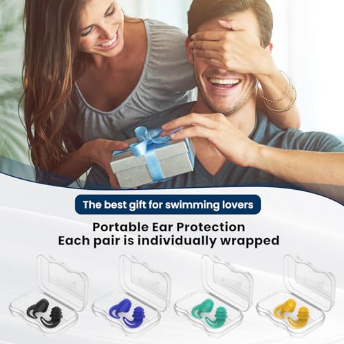 Swimming Ear Plugs - 4 Pairs Silicone Earplugs in Black, Blue, Yellow, Green