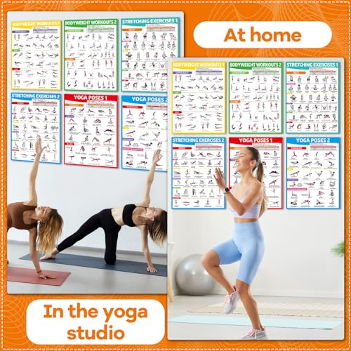 6-Piece Workout Poster Set - Yoga, Stretching & Bodyweight Exercises
