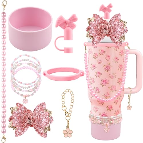 10-Piece Pink Flower Accessories Set for Stanley Cup 30/40oz Tumbler