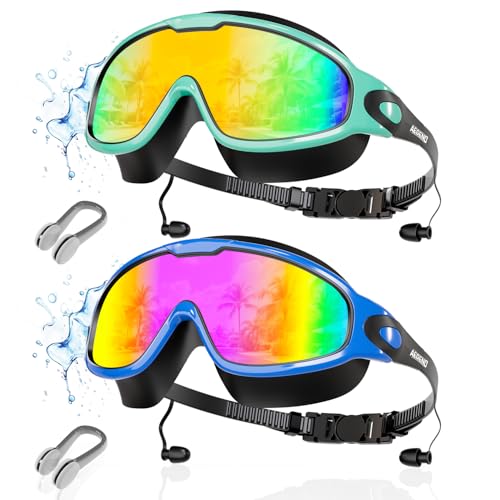 Adult Wide View Swim Goggles Anti-Fog UV No Leak with Ear Plugs Blue Bright Rose & Green Aqua