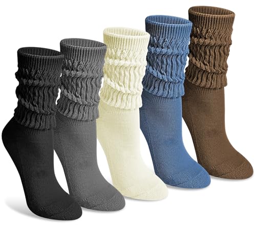 Justay 5 Pairs Slouchy Crew Socks for Women - Long Scrunch Boot Socks in Black, Dark Grey, Beige, Blue, Coffee