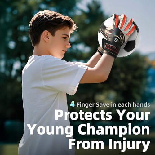 Sportout Youth & Adult Goalie Gloves Black 9 – Strong Grip, Finger Protection, 4+3mm Latex