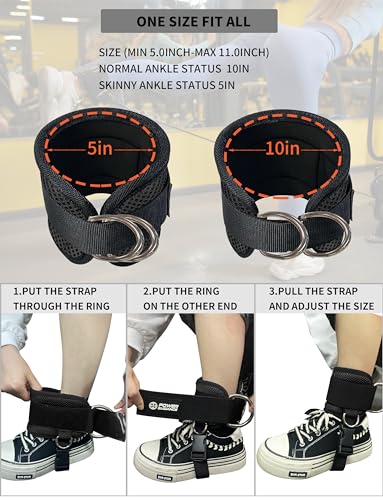 Power Guidance Ankle Straps for Cable Machine – Black Pair, Velcro Adjustable D-Rings