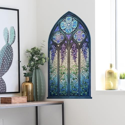 Fake Window Wall Decals Removable Vinyl Wisteria Stickers for Kitchen Dining Room Living Room Vintage Decor Peel and Stick Wall Art