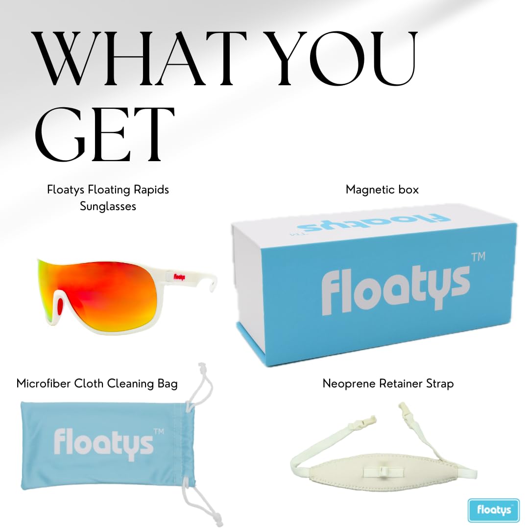Floatys Floating Sunglasses Rubberized Rapids | Polarized Water Repelling Lenses | Sport shield wrap around | Men and Women (White Frame/Red Mirror Lens)