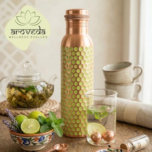 Pure Copper Water Bottle 32 oz with Leak-Proof Cap & Cleaning Brush - Handmade Hammered Design