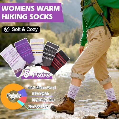 SEEKSOCK Colorful Merino Wool Crew Socks for Women Winter Hiking A1