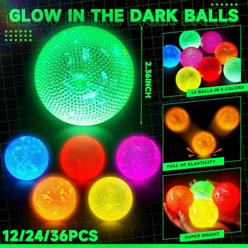 Lewtemi 24 Pack Glow in The Dark Bouncy Balls for Halloween & Parties - Vibrant Colorful Rubber Play Balls