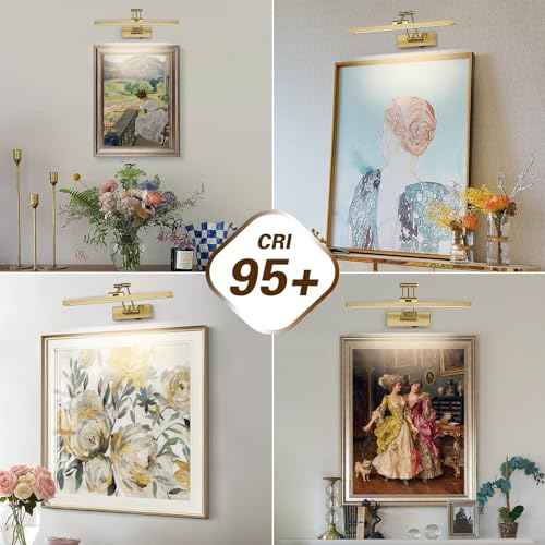 Joossnwell Battery Operated Picture Light with Remote Wireless Art Lights for Paintings Brass Gallery Light Dimmable & Timer Rechargeable Picture Lighting for Wall 15.35 Inch for Artwork Frame