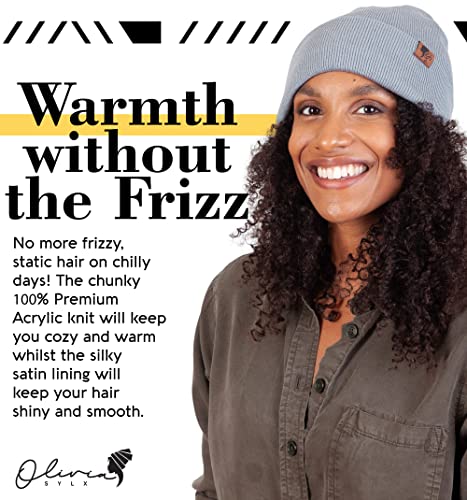 Satin Lined Beanie for Women - Cuffed Silk Winter Hat - Light Gray