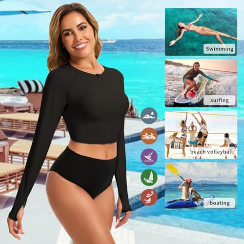 WOWENY Women's Cropped Zip-Up Rash Guard Shirt UPF50+ Long Sleeve Swim Top - Black, Small