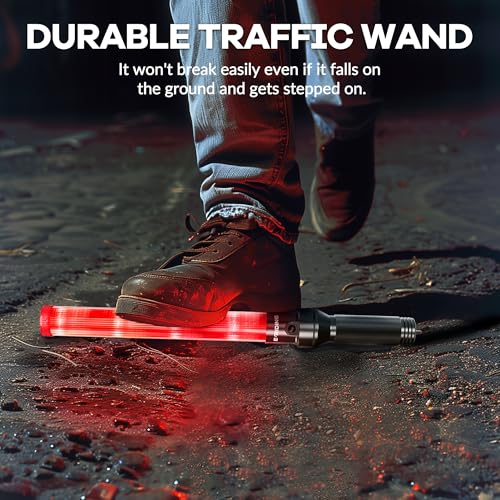 2 Pack 16 Inch Rechargeable Traffic Wand, Red Traffic Control Baton with 2 Flashing Modes, LED Safety Light Wand, Air Marshaling Wand for Airport, Parking, Car Directing