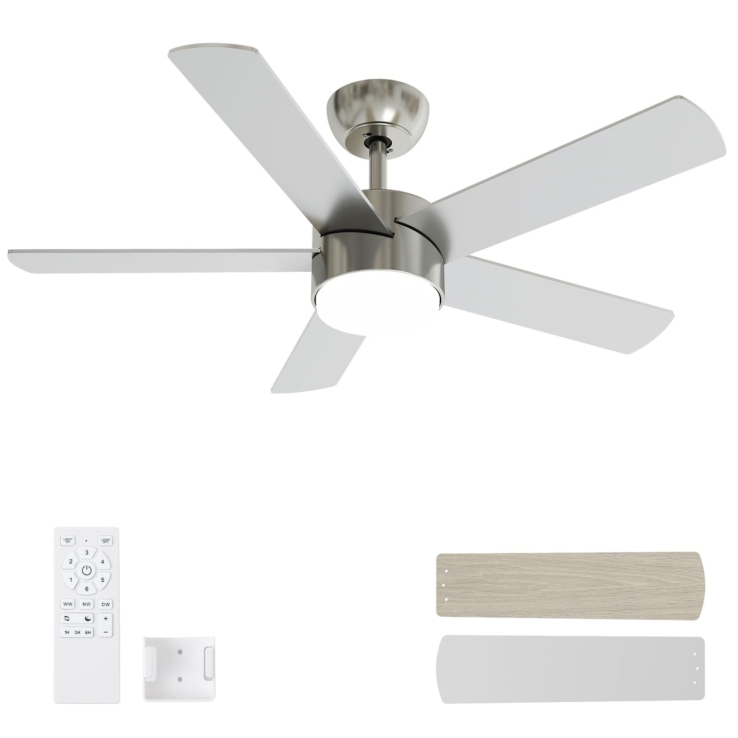 POCHFAN 42 Inch Brushed Nickel Ceiling Fans with Lights,Ceiling Fan with Remote Control,Reversible DC Motor,3 CCT 6-Speed,Noiseless Ceiling Fan for Bedroom,Living Room,Dining Room,ETL Listed