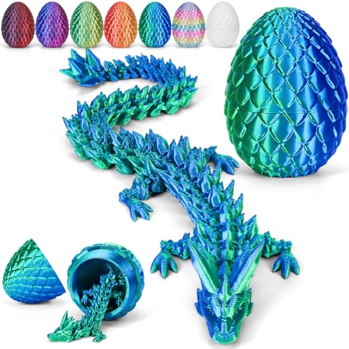 3D Printed Dragon Egg with Articulated Crystal Dragon - Laser Cyan