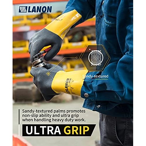 LANON 3 Pairs PVC Chemical Gloves, Thick Rubber Work Gloves, Heavy-Duty, EN 374/388, Acid, Alkali and Oil, Non-Slip, Large