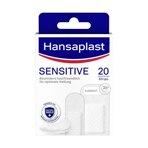 Hansaplast Sensitive Plasters (20 Strips), Skin-Friendly and Hypoallergenic Wound Plasters with Bacteria Shield & Secure Adhesion, Painlessly Removable