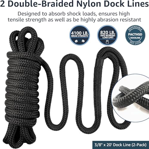 PACTHSD 3/8" x 20' Dock Lines (Pack of 2) - Double Braided Nylon Boat Rope with 12" Eyelet