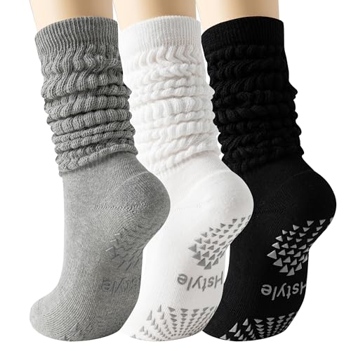 Hstyle Grip Pilates Socks for Women - Slouch Scrunch Yoga & Barre Socks, One Size, White/Black/Grey