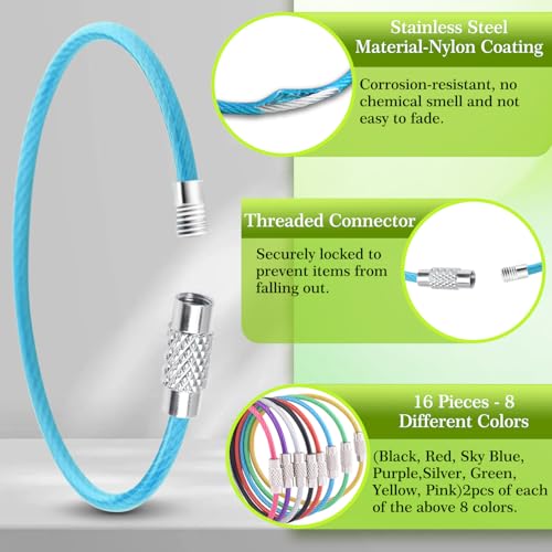 16-Piece Stainless Steel Wire Key Rings - 6-Inch Coated Cable Loops