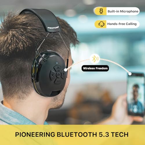 ROTEAR Bluetooth 5.3 Hearing Protection, NRR 25dB Noise-canceling Rechargeable Safety Earmuffs, Wireless Over-ear Headphones with Music for Mowing Lawn, Workshop, Snowblowing, Construction (BLACK)