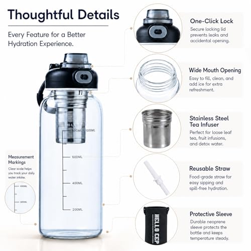 Wangsdjy 34oz Glass Water Bottle with Straw & Infuser - BPA-Free, Large Capacity, Protective Sleeve, 1PCS
