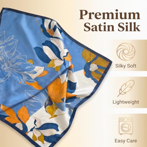 Satin Square Scarf for Women - 27.5" Lightweight Silk Feel - Blue Orange Abstract