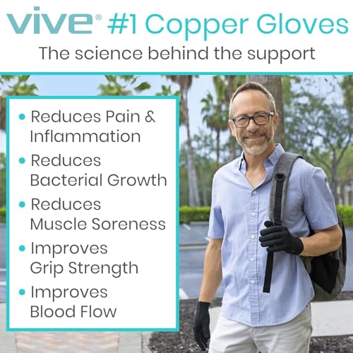 Vive Copper Arthritis Gloves Medium Black Full Finger Compression Support
