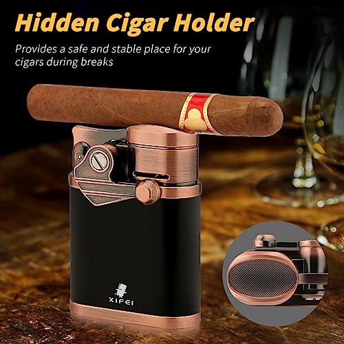 XIFEI Cigar Lighter 4 Jet Flame Torch with Holder, Windproof Rocker